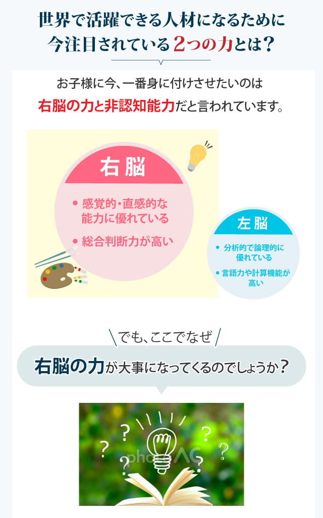 お子様に今、一番身につけさせたいのは右脳の力と非認知能力だと言われています